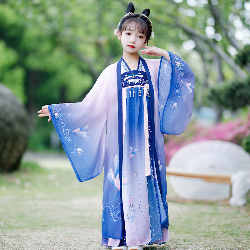 女童古装汉服夏款儿童中国国风公主古风蓝色唐装