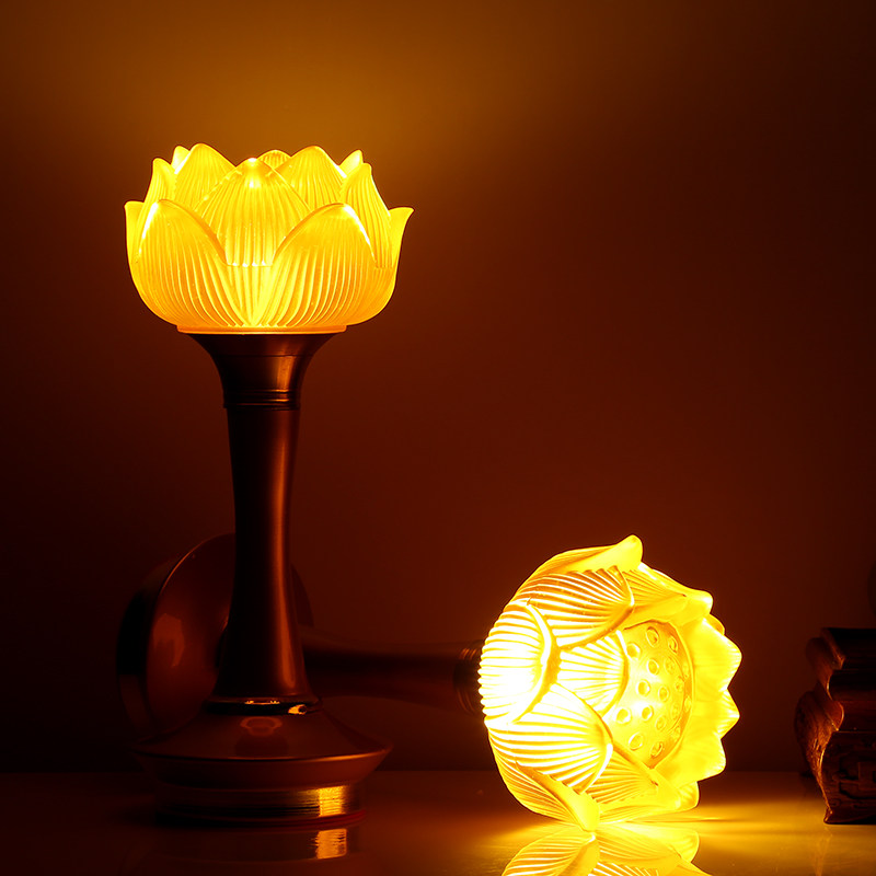 观音莲花灯一对 佛前供灯家用led供佛灯插电长明灯琉璃七彩佛堂灯