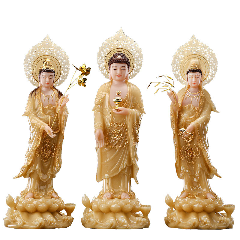 汉白玉水浪西方三圣佛像供奉阿弥陀佛摆件佛堂观音立像大势至菩萨