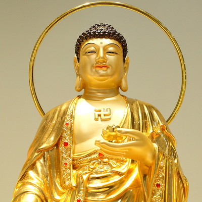 圆通西方三圣铜像中式贴金观音菩萨供奉站立阿弥陀佛像大势摆件