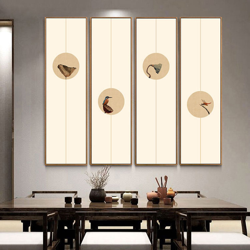 新中式餐厅禅意壁画组合四联背景墙沙发过道荷竖版现代装饰画