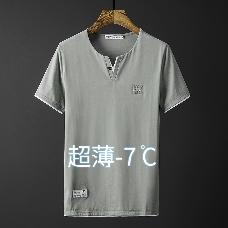 夏季冰丝超薄男士短袖t恤V领含棉半袖体恤衫潮流百搭衣服潮牌夏装