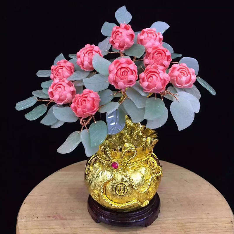 牡丹花镀金钱袋招财树精致桌摆家居办公客厅会所装饰摆件