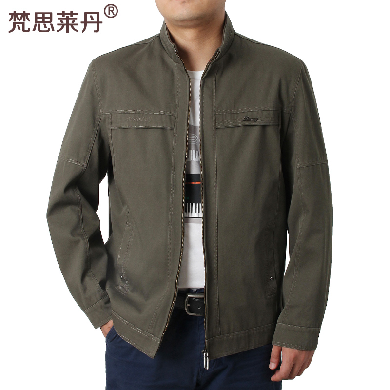 春秋季薄款中年爸爸纯棉立领休闲夹克衫中老年人男装外套40-50岁