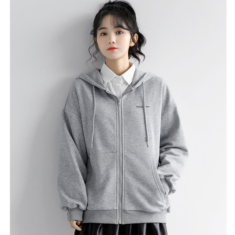 灰色连帽开衫卫衣女2021春季韩版宽松