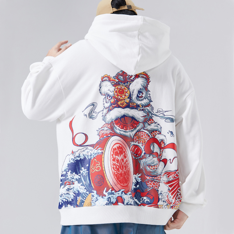 国潮中国国风醒狮印花连帽宽松潮牌街头嘻哈卫衣