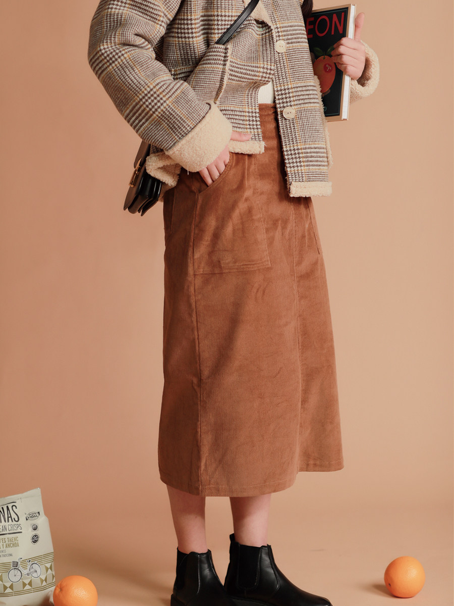 水星几何焦糖色灯芯绒百搭显瘦高腰半身裙女半身裙