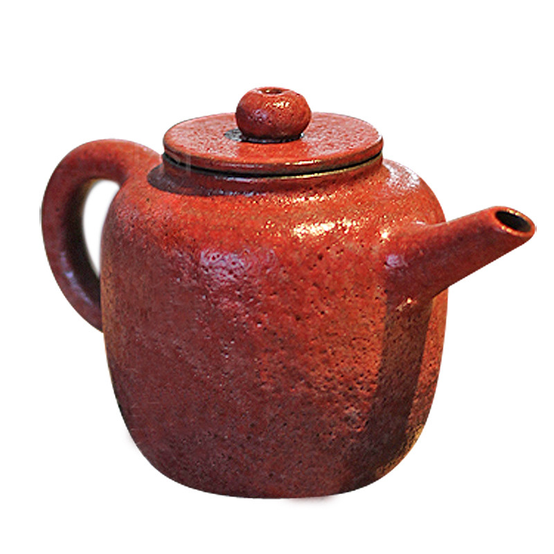 尺闲手工柿红茶壶粗陶壶南蛮球孔出水手执壶当代茶壶