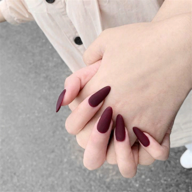 车厘子酒红尖头美甲贴片磨砂穿戴式假指甲成品美甲工具