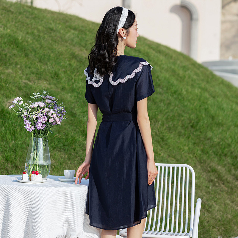 佳人苑连衣裙女2022年夏季新款撞色翻领收腰a字裙法式不规则裙子