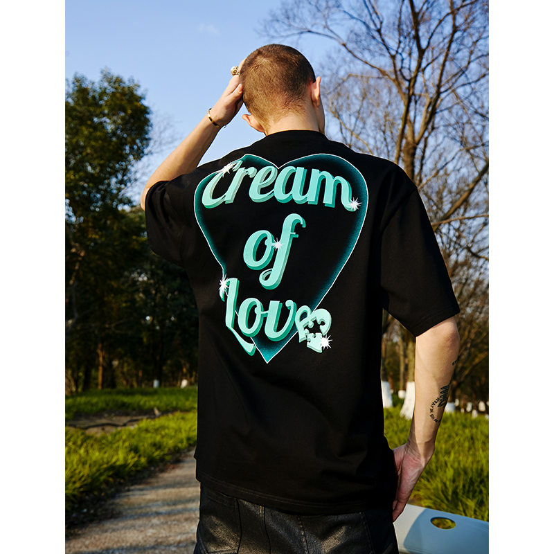 YADcrew 气泡爱心印花短袖夏季男情侣圆领美式潮牌街头宽松T恤