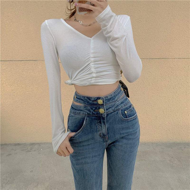 时髦露腰牛仔裤2022新款高腰修身显瘦百搭复古牛仔裤