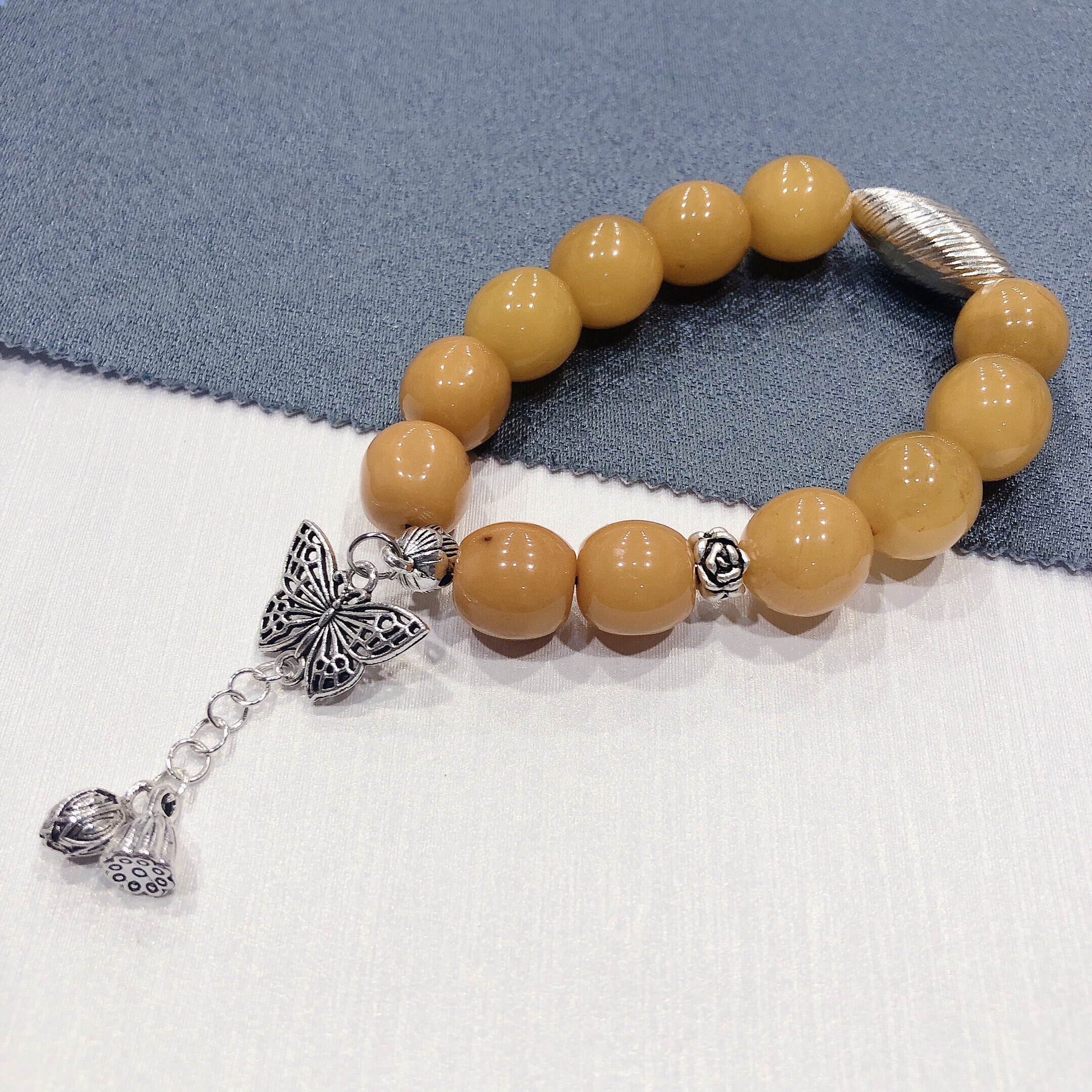 s840#天然原矿蜜蜡鸡油黄满蜜老型珠枣珠手串12.5-13.5mm手链