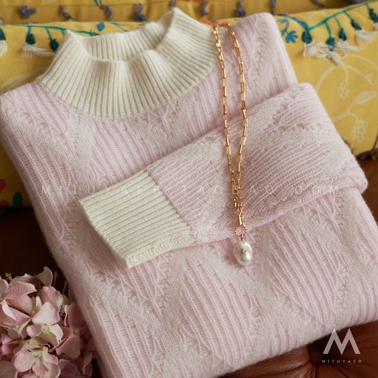 气质菱格肌理浅粉山羊绒衫秋冬新款女士简约加厚保暖套头高领毛衣