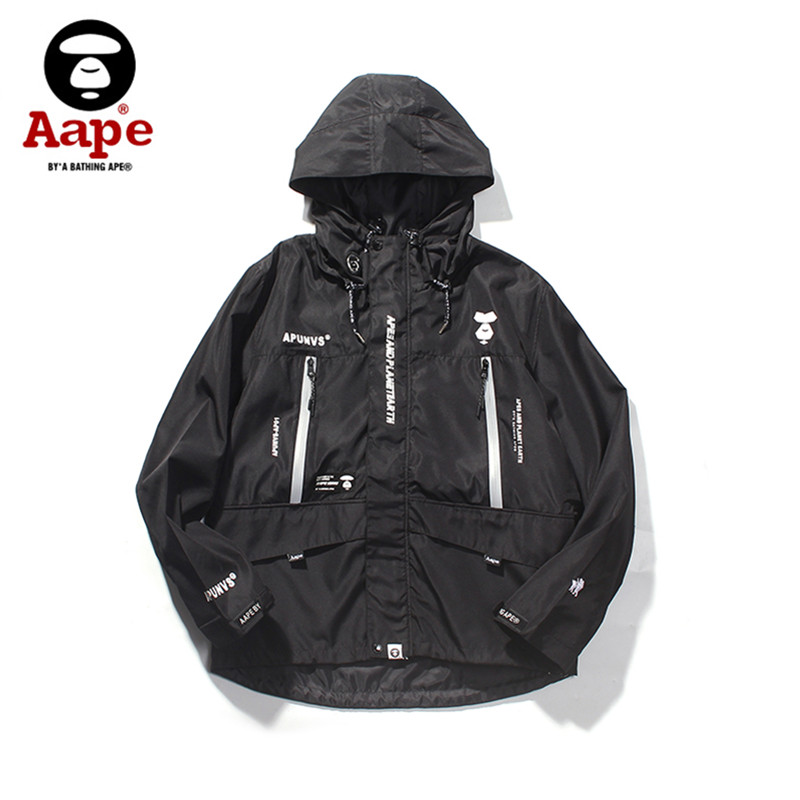潮牌AAPE男秋冬猿人头新款反光雷射口袋拼接连帽风衣拉链夹克外套