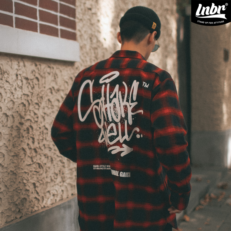 LNBR X ShakeWell联名磨毛红黑格子泼墨logo印花衬衫oversize加大