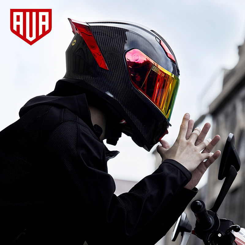 头盔ava闪电摩托车碳纤维机车全盔亚黑跑盔大号摩托车头盔