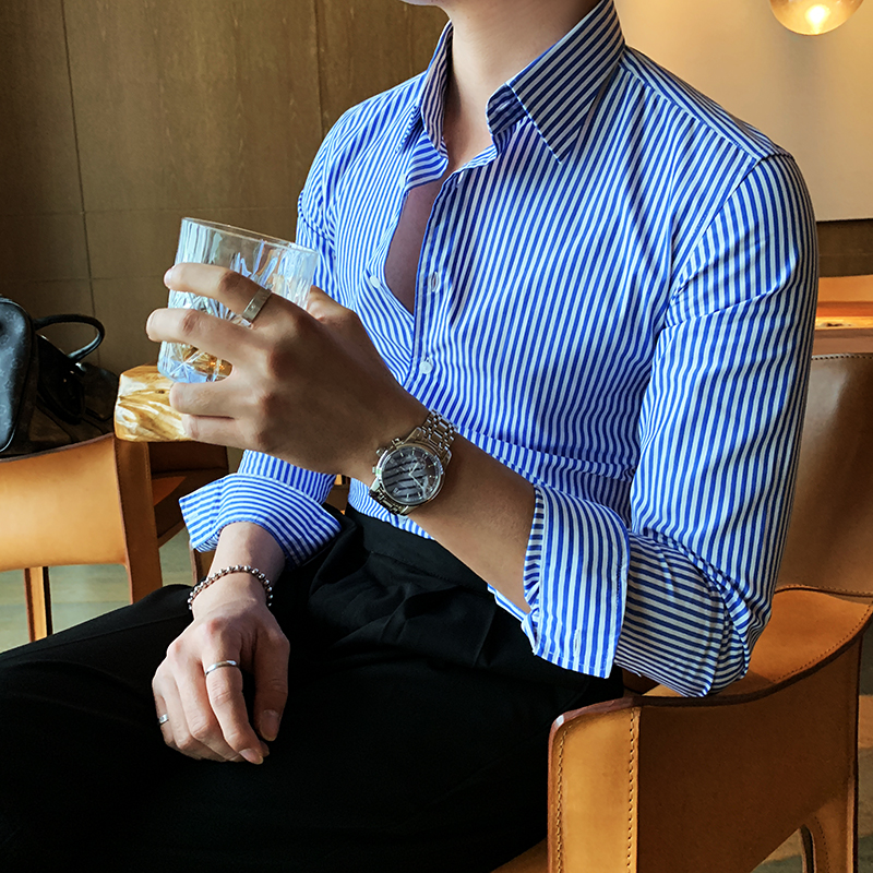 休闲尖领蓝白条纹衬衫舒适时尚透气绅士寸衬英伦青年百搭修身衬衣