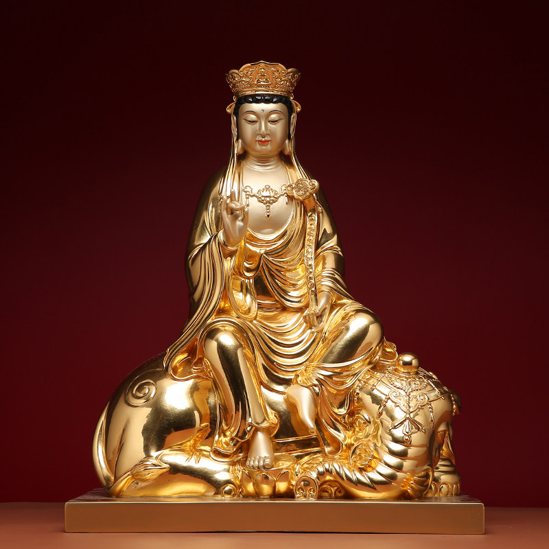 台湾纯铜贴真金华严三三圣文殊普菩萨佛像供奉摆件
