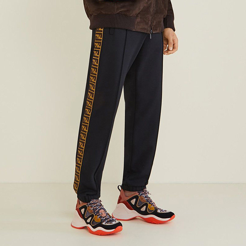 正品fendi/芬迪休闲裤新款男士羊毛侧边双f印花束脚运动裤op