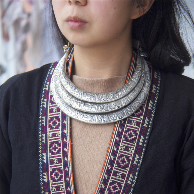 项圈贵州民族风镀银十二生肖多层古朴大气颈带汉服项链