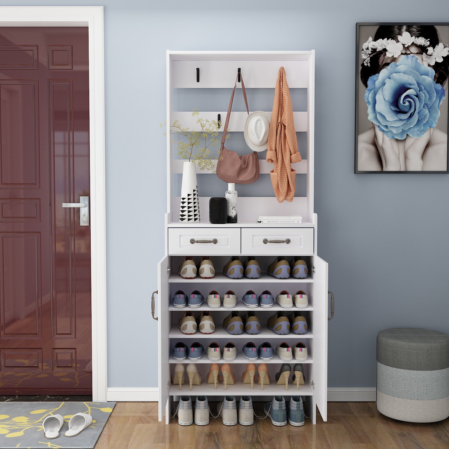 鞋柜衣帽架家用门口白色储物柜一体落地多功能玄关鞋柜
