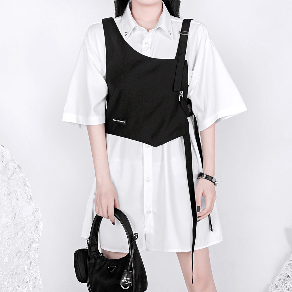 小雨家自制原创黑色机能风个性不对称系带可调节显瘦小马甲短上衣