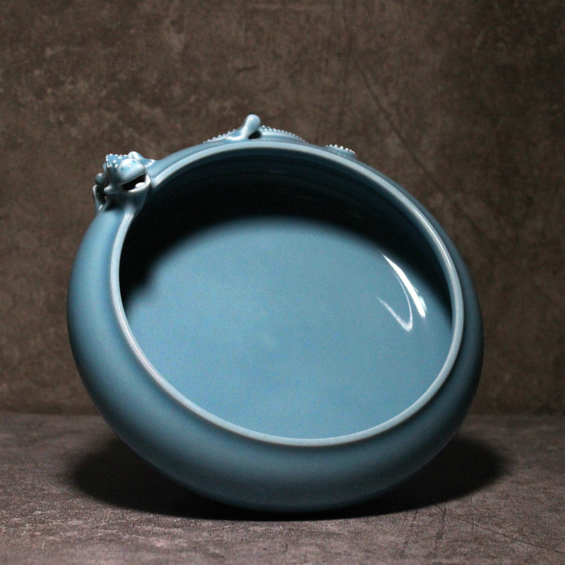 景德镇陶瓷笔洗仿古天蓝手工摆件毛笔水罐洗笔水盂笔洗