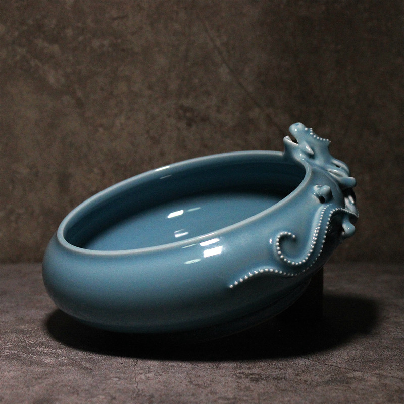 景德镇陶瓷笔洗仿古天蓝手工摆件毛笔水罐洗笔水盂笔洗
