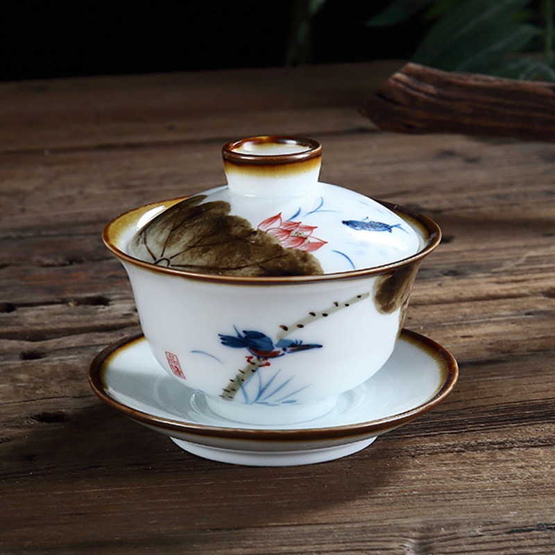 吴氏品雅赤莲窑三才盖碗高端茶杯手绘荷花茶壶功夫茶具