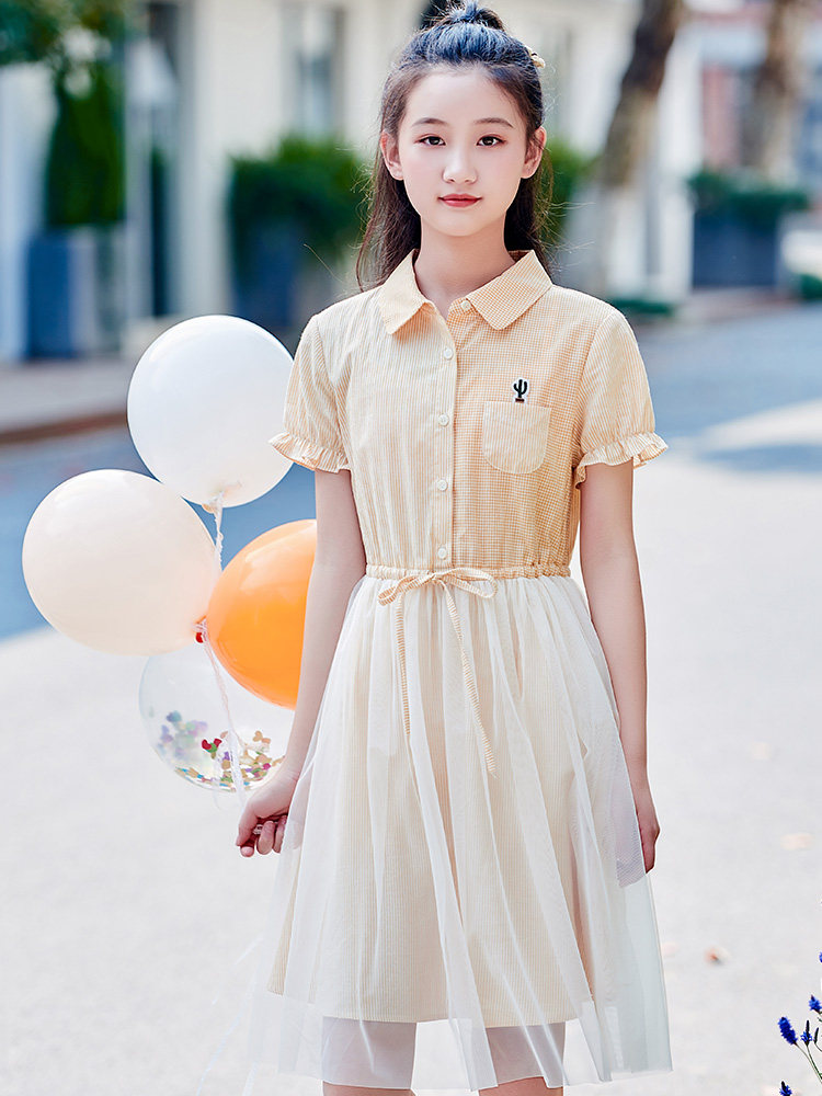 连衣裙少女夏装纱裙中学生条纹衬衫初中女生仙女连衣裙