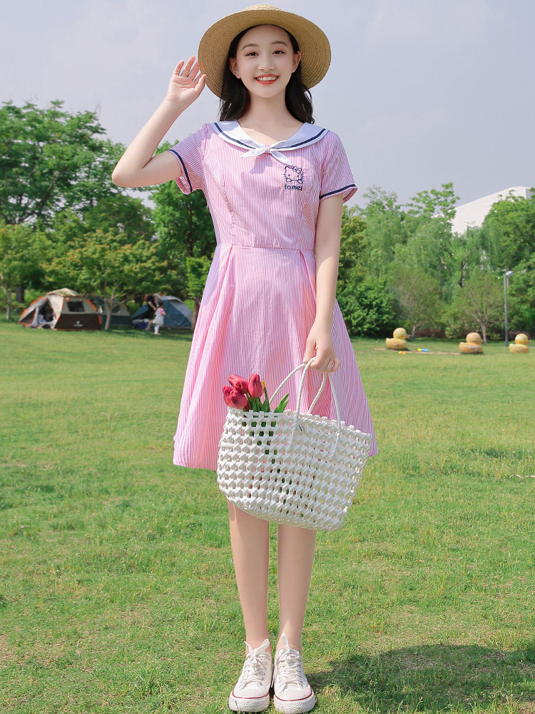连衣裙生女条纹夏装初中女生裙子少女连衣裙