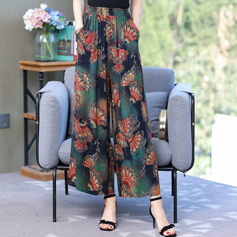 阔腿裤女夏季新款棉绸印花高腰休闲裤宽松大码休闲裤