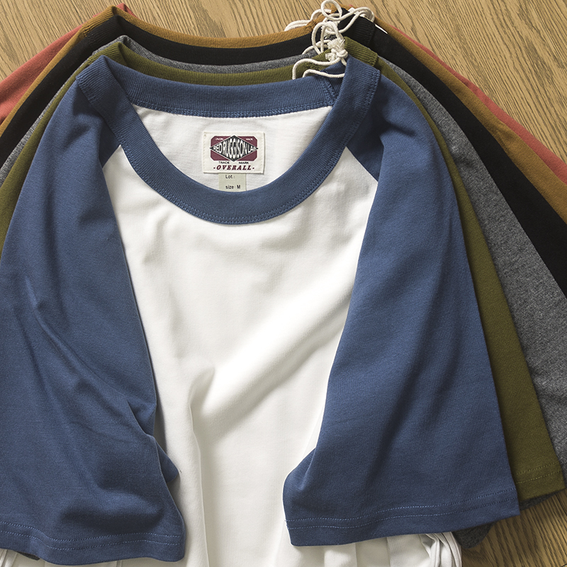 品质保证 220克精梳棉牛角T恤 夏季男女日系复古百搭撞色插肩短袖