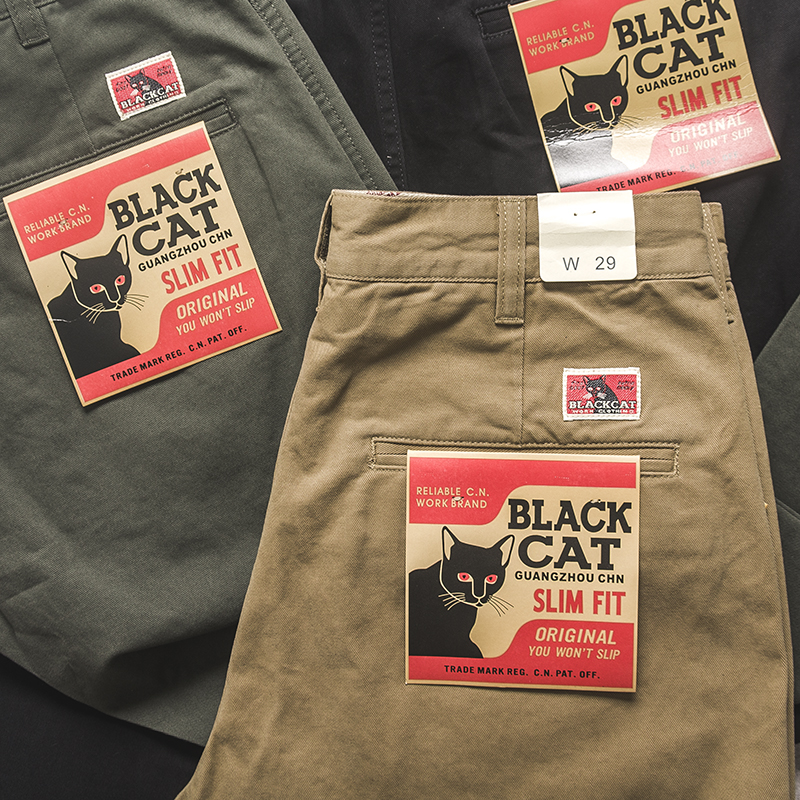 外单黑cat重磅纯棉水洗斜纹休闲裤细腻复古美式休闲修身直筒chino