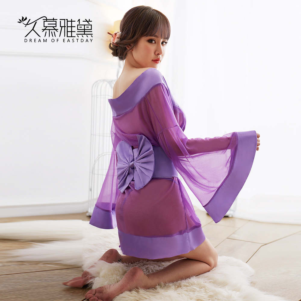 久慕雅黛浴袍睡裙女夏秋季日式长袖低胸大码睡袍亮丝透明和服睡衣