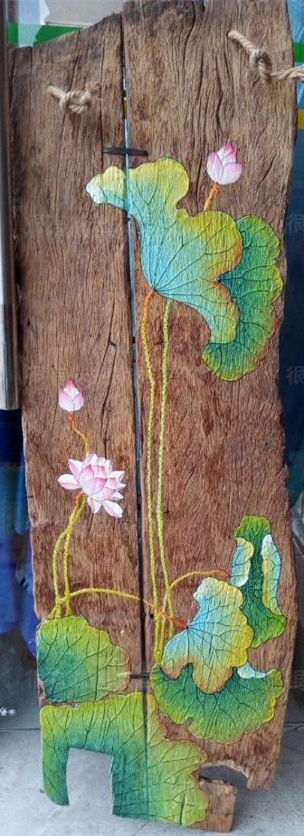 风化木荷荷花挂画壁饰壁画手绘木板画酒店会所现代装饰画