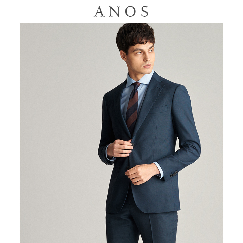 ANOS鸟眼纹平驳领新郎西服套装男商务英伦风西装职业修身结婚礼服