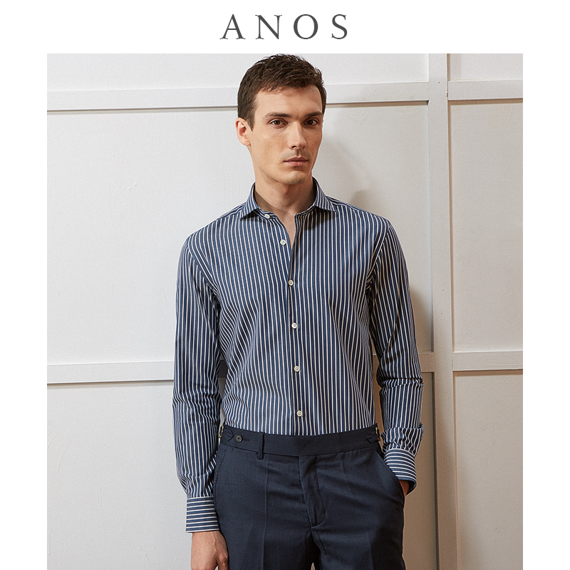 ANOS/亚诺司羊毛精纺面料 私人定制系列 墨蓝色温莎领条纹衬衫男