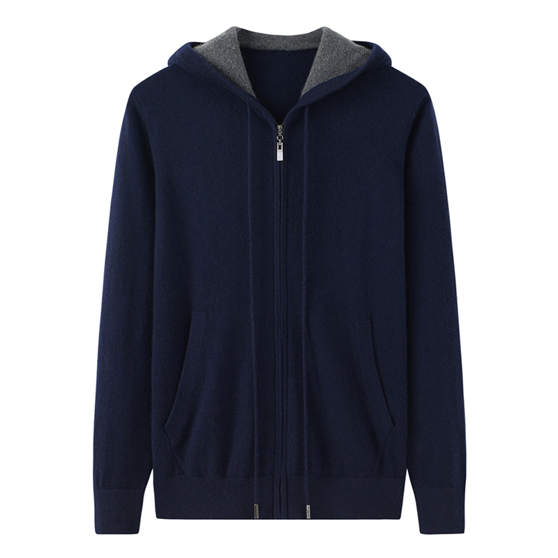 100纯山羊绒衫男开衫连帽卫衣拉链秋冬宽松大码毛衣毛衫外套E2847