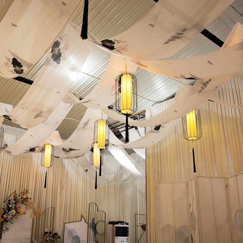 水墨画吊顶中国国风婚庆装饰中式婚礼道具飘顶节庆布艺用品