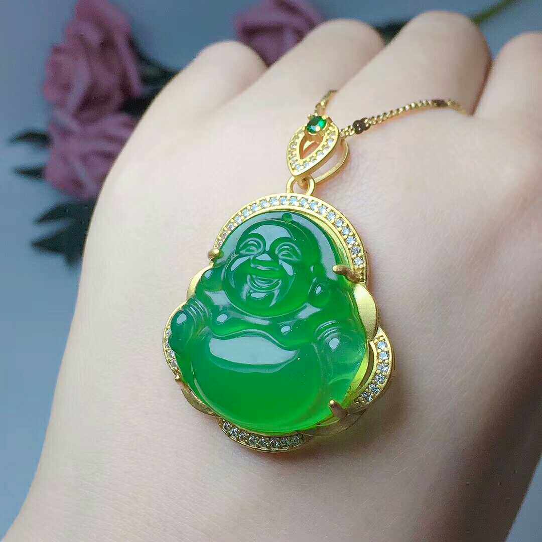 天然绿玉玛瑙水晶佛公吊坠挂件金银镶玉纯银项坠