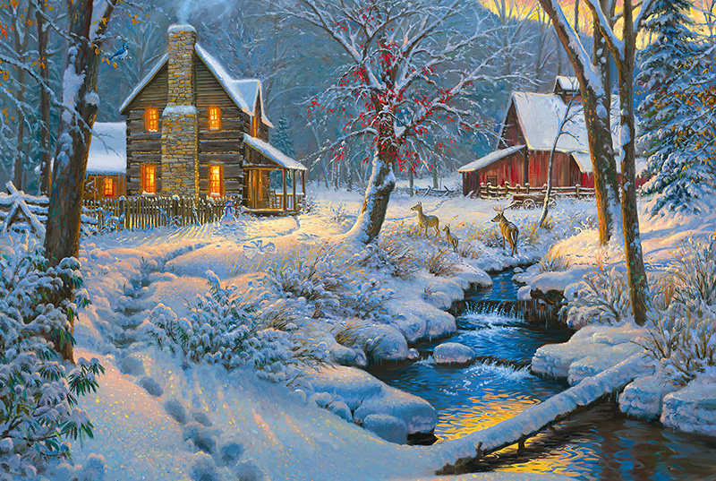 油画拼图1000片雪景圣诞小屋治愈风景圣诞节礼物拼图