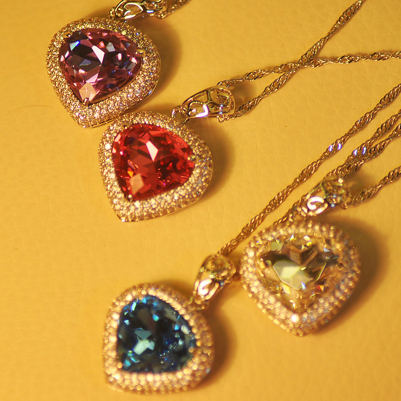 海洋之星粉钻水晶晶钻满钻微爱心水滴项链彩宝吊坠耳环