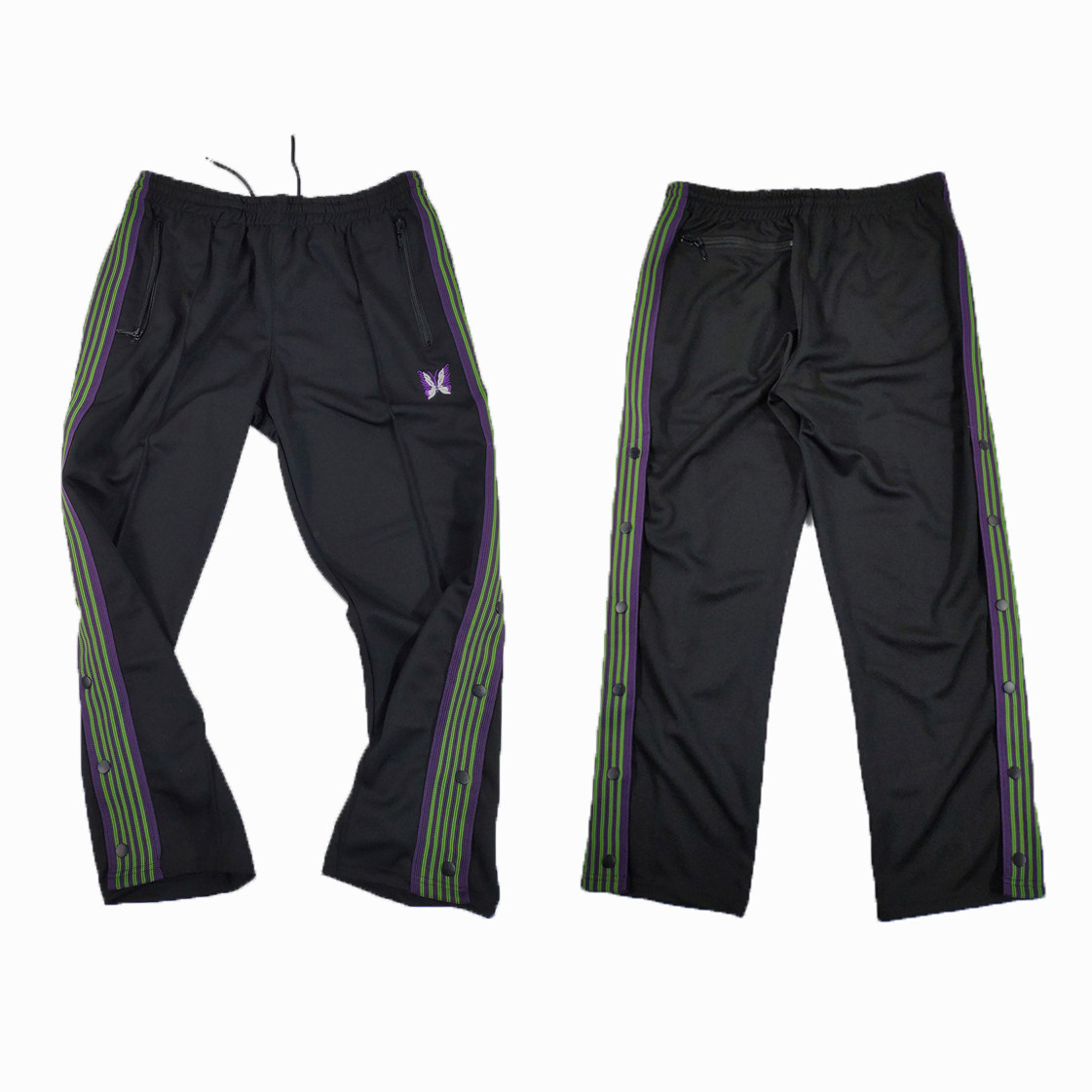 过验needles侧边排扣裤子日潮蝴蝶刺绣织带运动休闲百搭宽松长裤