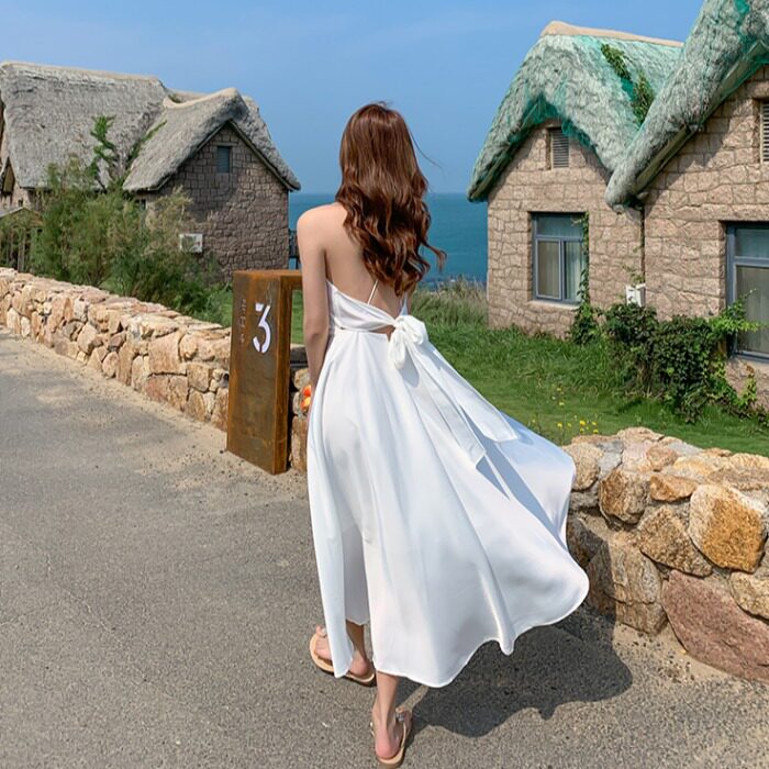 性感气质女裙仙女大摆白色高级露背收腰连衣裙连衣裙