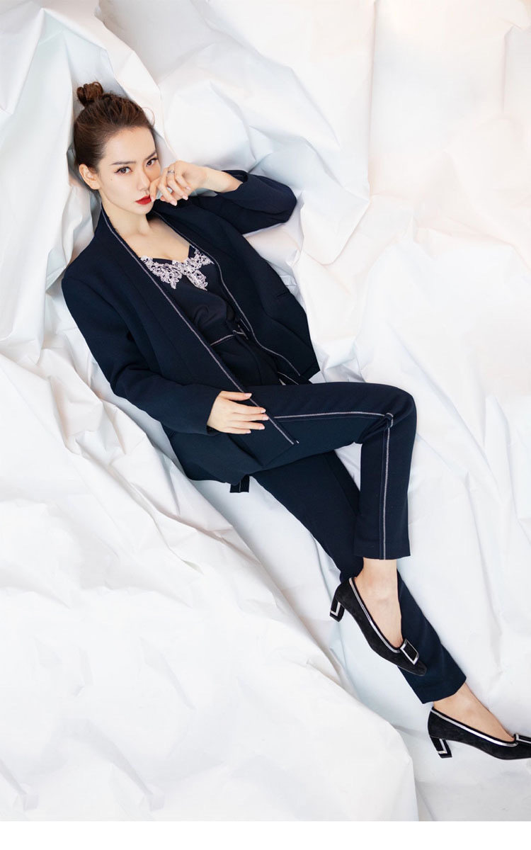 超模设计师品牌戚薇同款休闲撞色辑线西装外套锥形西装