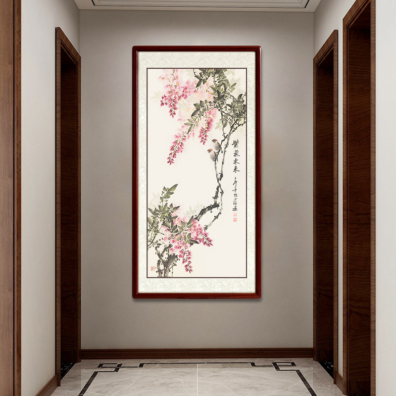 紫气东来入户玄关装饰画手绘国画竖版写意花鸟画紫藤国画
