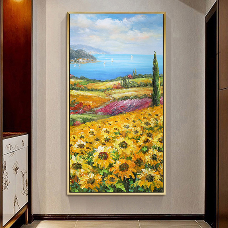 手绘玄关油画竖版花卉客厅向日葵装饰画大芬村油画挂画纯手工定制