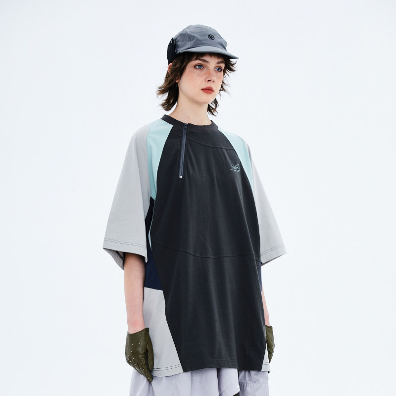 squareroot小众设计斜拉拉链领口宽松运动男女t恤